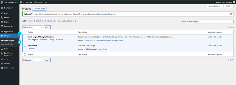 WordPress dashboard showing the "Installed Plugins" page. Two plugins are listed: "Limit Login Attempts Reloaded" and "SpinupWP," with options to activate, enable, or disable auto-updates.