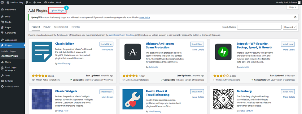 WordPress dashboard showing the "Add Plugins" page with various plugin options such as Classic Editor, Jetpack, and Gutenberg, each with an "Install Now" button.