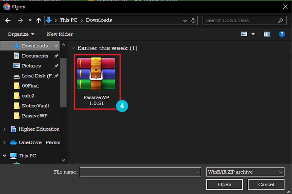 File explorer window showing a list of folders on the left and a highlighted zip file named "PassiveWP 1.0.5.1" on the right.