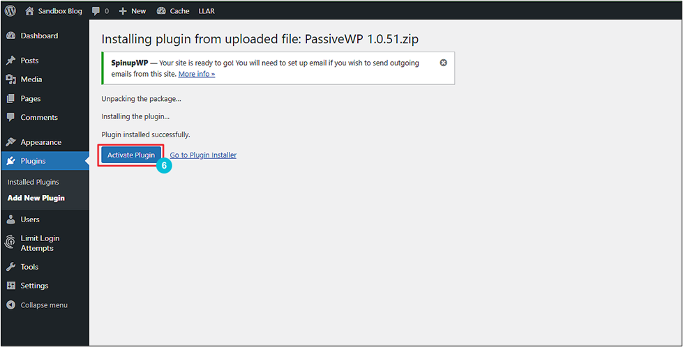 Screenshot of WordPress dashboard showing successful installation of PassiveWP plugin, version 1.0.51. The "Activate Plugin" button is highlighted in blue.