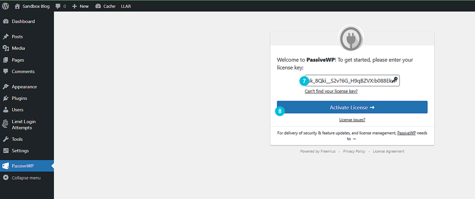Screenshot of a WordPress plugin setup page for PassiveWP, prompting the user to enter and activate a license key.