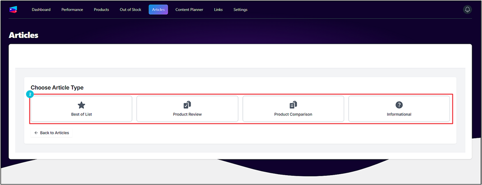 Screenshot of an online article dashboard featuring options: Best of List, Product Review, Product Comparison, and Informational. A navigation menu is at the top.