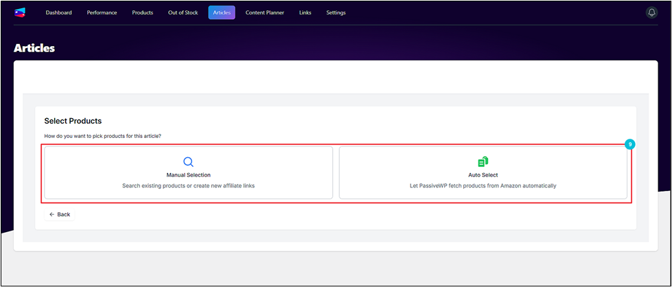 Webpage screenshot showing a selection interface with options for "Manual Selection" and "Auto Select" for picking products in an article. Navigation menu includes Dashboard, Performance, and more.