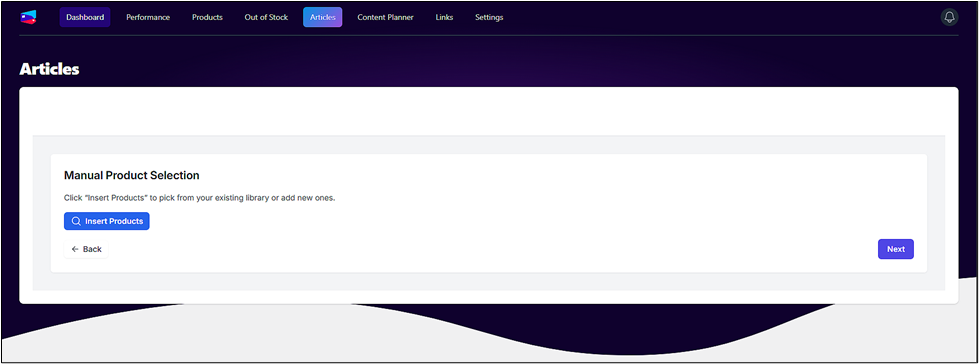 Screenshot of a web page titled "Articles" with a section for "Manual Product Selection" and options to insert products, go back, or proceed next.