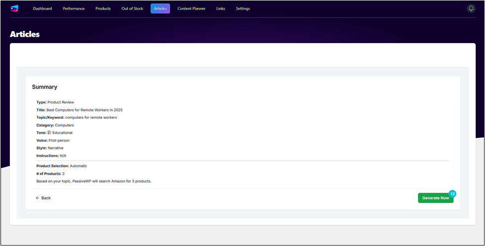 Screenshot of a content management interface showing a summary for an article. Details include product type, topic, category, voice, and product selection. A "Generate Now" button is visible.