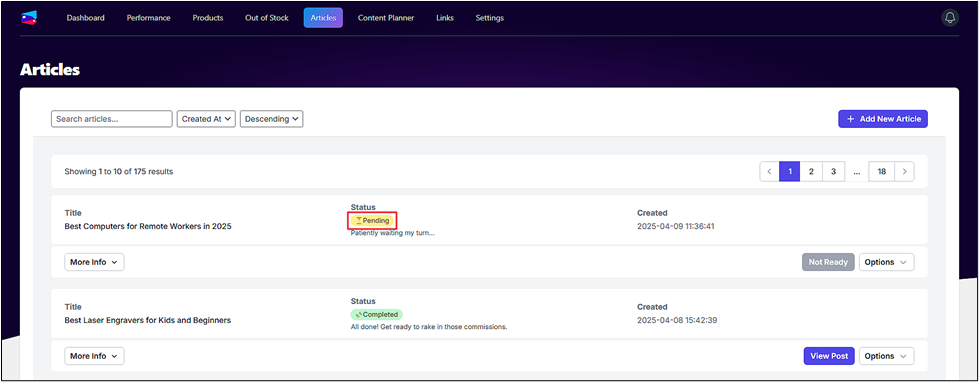 Articles dashboard showing two listed articles with their statuses and creation dates. The first article is pending, and the second is complete. Navigation and action buttons are visible.