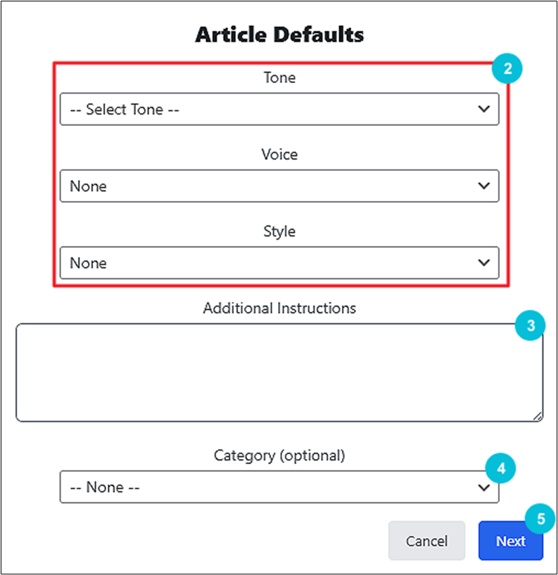 Screenshot of an article defaults setup interface with options for selecting tone, voice, style, additional instructions, and category.