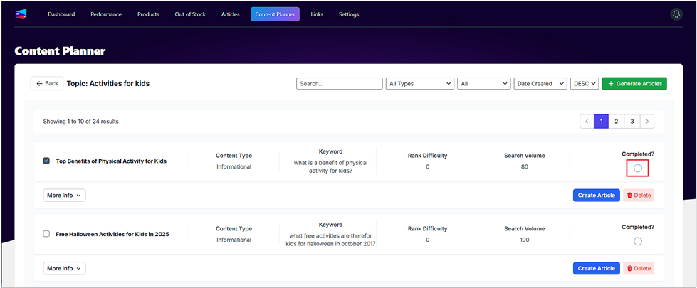 Content planner dashboard showing two article topics: "Top Benefits of Physical Activity for Kids" and "Free Halloween Activities for Kids in 2023," with details and status indicators.