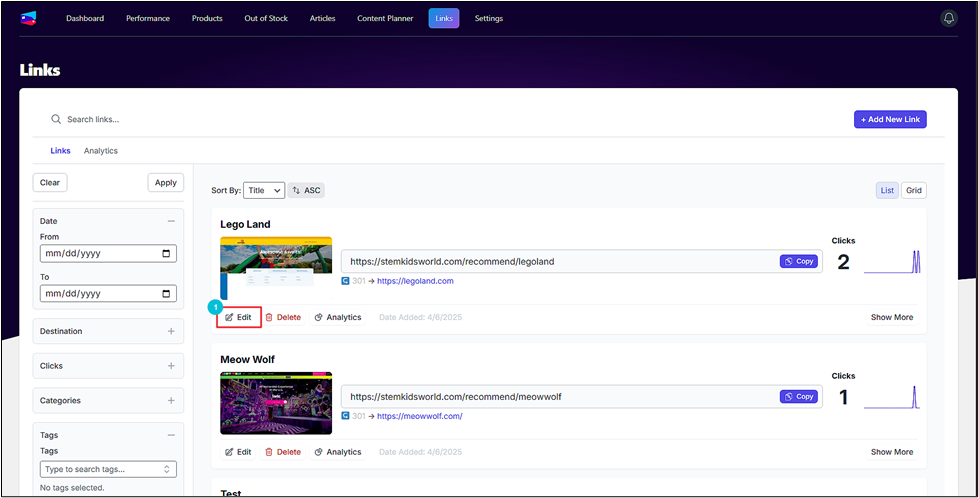Screenshot of a link management dashboard with options to edit, delete, and copy links. Two links are shown, including their titles, URLs, creation dates, and click counts.