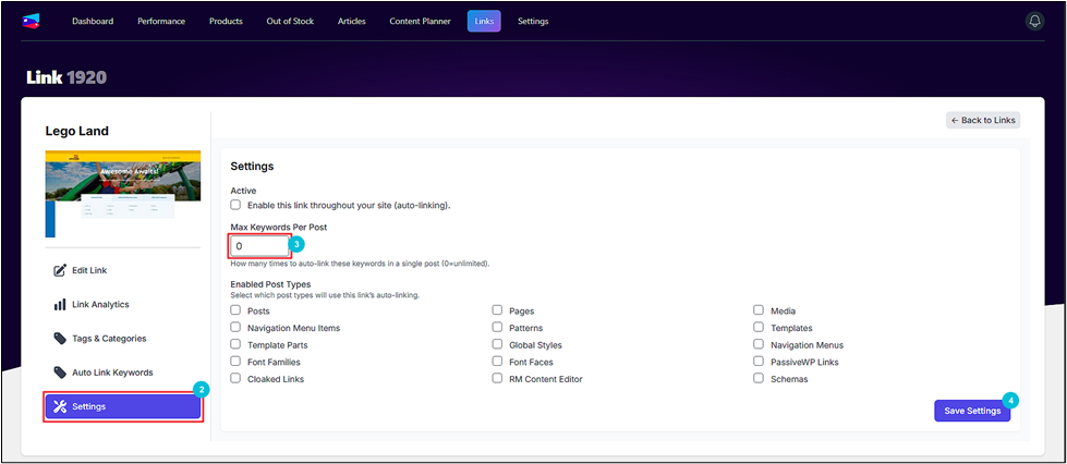Screenshot of a web page titled "Link 1920" under the "Settings" tab. The section includes options for enabling post types and a field for "Max Keywords Per Post.