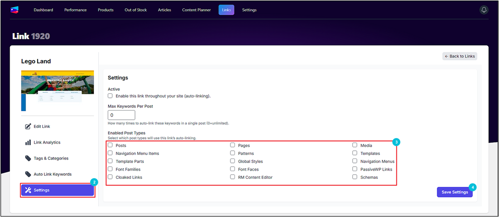 Screenshot of a webpage showing a user interface for link settings with various post types and a save settings button. Sidebar features options like Dashboard and Links.